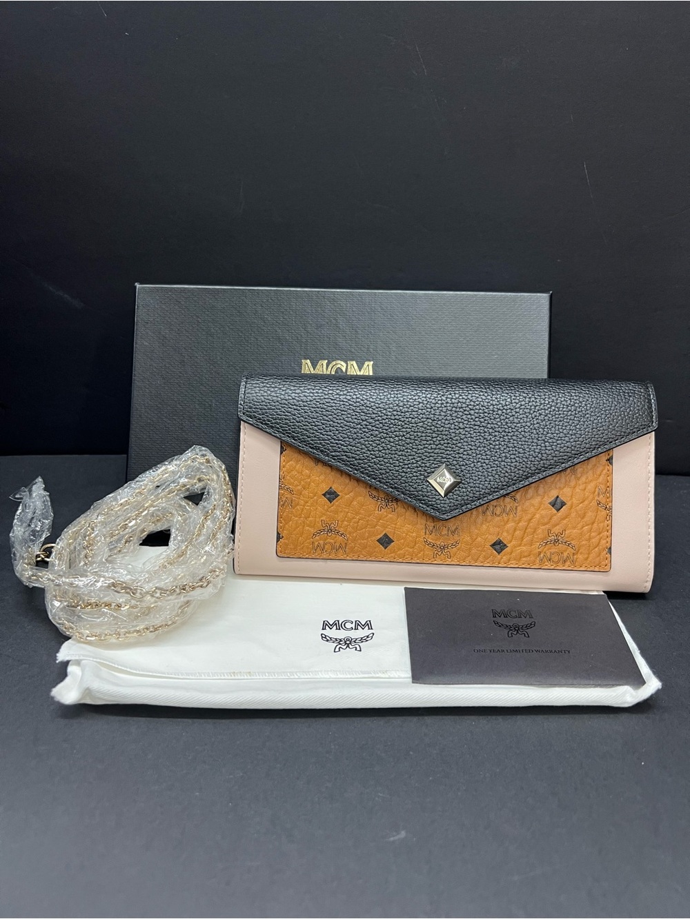 MCM Black, Tan & Pale Pink Leather Envelope Wallet Crossbody with Monogram Panel